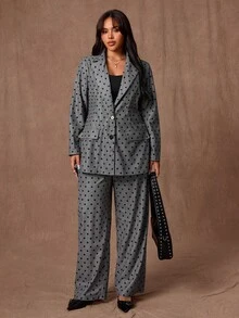 Rustia 大码波点翻领长袖优雅复古休闲西装外套 + 直筒裤 2 件套，适合工作和度假，秋冬 - 灰色 - 查看 3