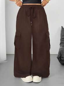 POPSWAY Pantalones casuales de camuflaje con cintura elástica y cordón, bolsillos, para mujer de talla grande