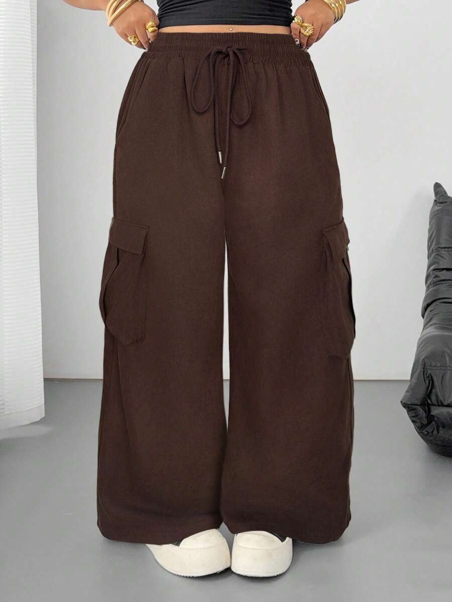 POPSWAY Pantalones casuales de camuflaje con cintura elástica y cordón, bolsillos, para mujer de talla grande