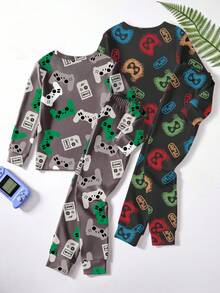2pcs Tween Boys Pajama Set, Video Game Controller All-Over Print Crew Neck Long Sleeve Top And Snug Fit Pants, Stretchy Sleepwear, Fashionable Snug Fit Style Runs Small, Recommend Sizing Up - Multicolor - View 2