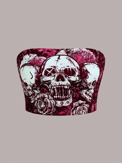 Grunge Punk Sexy Casual Y2K Subculture Music Festival Punk Skull Print Rose Pattern Stretchy Tube Top For Women, Spring/Summer
