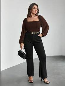 Firerie Modny, elegancki top damski w dużym rozmiarze z kwadratowym dekoltem i długim rękawem