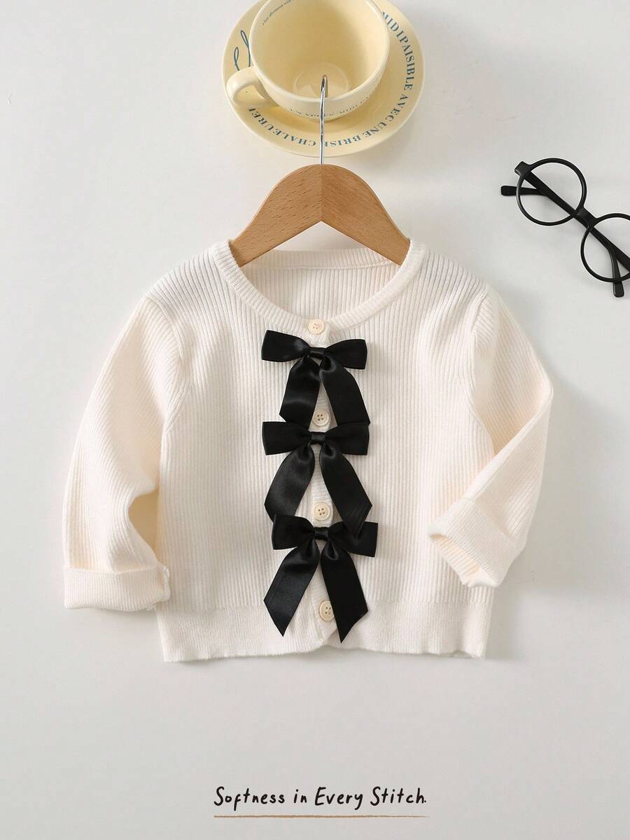 Cozy Pixies Cardigan Rajut Lembut dengan Pita dan Blok Warna untuk Bayi Perempuan, Pakaian Musim Gugur dan Musim Dingin untuk Anak Perempuan - Aprikot - View 1