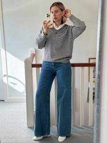 Vivie Lora Women's Loose Rhinestone Lace Patchwork Sweater - Grey - View 2