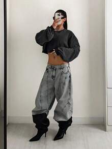 StreetHx Women Solid Color Round Neck Loose Boxy Cropped Washed Sweatshirt,Long Sleeve Tops Graduation,Back To School Outfits,Graduation,Teacher Outfits For Women,Back To School Pullover Fall Outfit - Grey - View 3