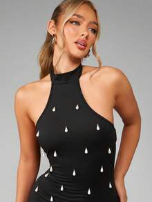 MISSGUIDED Elegant Pearl Embellished High Neck Mini Dress Backless Bodycon Club Party Evening Wedding Guest Pearl Detail Night Out Occasion Wear - Black - View 4