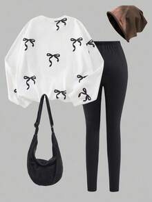 2pcs Women Casual Butterfly Print Crew Neck Long Sleeve Sweatshirt And Skinny Pants Set, Comfortable For Autumn/Winter