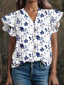 Mellowie Curve Plus Size Women's Daily Casual Vacation V-Neck Small Cap Sleeve Floral Loose Shirt,Summer For Women,Vacation Women,Women Summer,Going Out Tops Women,Cute Summer Chic Blouses For Women