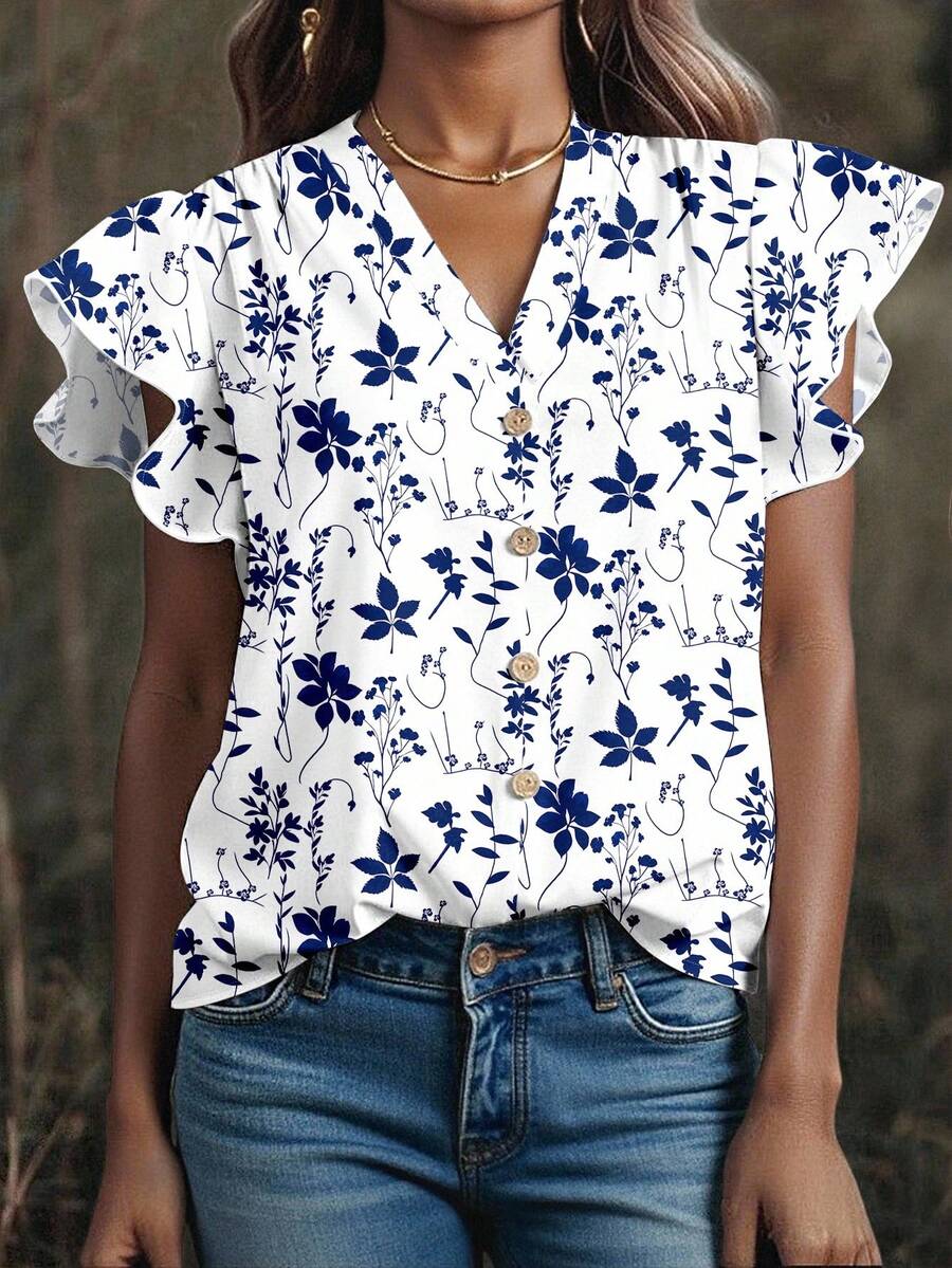 Mellowie Curve Plus Size Women's Daily Casual Vacation V-Neck Small Cap Sleeve Floral Loose Shirt,Summer For Women,Vacation Women,Women Summer,Going Out Tops Women,Cute Summer Chic Blouses For Women