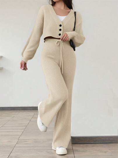 SHEIN Conjunto de suéter casual versátil con cardigan de cuello en V color albaricoque y pantalones de punto para adolescentes