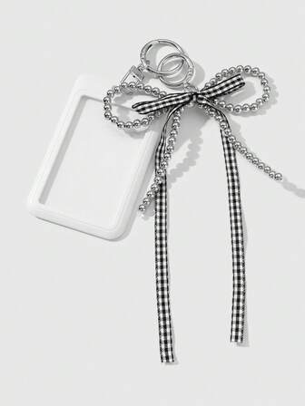 Kawaii 1 pièce Porte-carte/porte-clés/charm de sac en acrylique tressé en forme de cœur avec nœud en ruban à carreaux, en argent CCB de haute qualité, style minimaliste polyvalent Y2K. Convient pour les employés de bureau, les étudiants, le port quotidien, les cadeaux de vacances