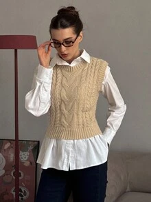 DAZY Chaleco de punto de cuello redondo casual para mujer, otoño/invierno - Caqui - Ver 6