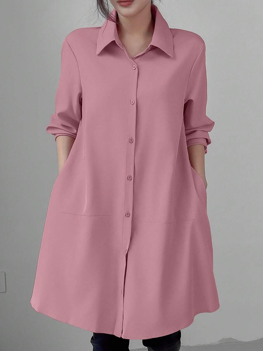 SHEIN Unity Áo sơ mi dài tay màu trơn rộng rãi thoải mái mùa xuân/hè cho nữ, áo dài tay - Bụi hồng - Xem 1