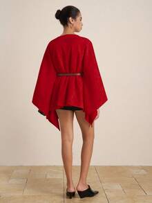 Airaco Women's Fashion Simple Solid Color Flared Sleeve Asymmetrical Hem Loose Jacket - Red - View 4
