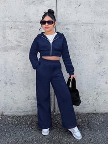 SHEIN Tween-Mädchen Nova Glow Kinder Bequemes Party & Street Einfarbiges Strick-Kapuzenpullover-Sweatshirt Loses Set