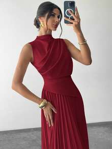 Firerie 女士优雅荷叶边无袖A字连衣裙/伞裙/返校季/校园装/派对/老钱风/外出装/派对装/办公室装/仿杏色连衣裙 - 紅色 - 查看 2