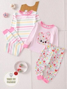 Baby Girls' Colorful Striped Floral Rabbit Print Long Sleeve Bodysuit & Pants Sleepwear Set - Multicolor - View 7