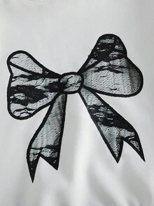 SHEIN 青少年女孩蝴蝶结印花圆领长袖运动衫和黑色迷你裙套装 - 黑與白 - 查看 4