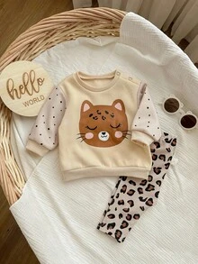 SHEIN 新生女婴可爱卡通图案针织长袖卫衣裤子套装，秋冬 - 杏色 - 查看 7