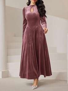 Modelyn 勃艮第红色女士纯色锁眼领泡泡袖优雅连衣裙长款晚礼服 - 藕粉色 - 查看 5