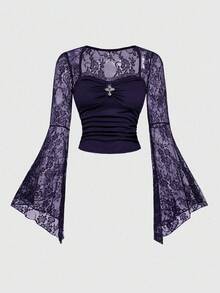 ROMWE Gothic Cross Lace Patchwork Square Neck Flare Sleeve Blouse, Purple - Navy Blue - View 5