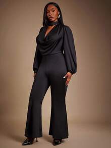 SHEIN SXY 大码时尚性感纯色低胸连体裤 - 黑色 - 查看 5