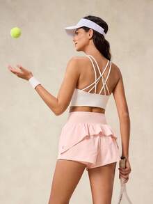 OutZeal 女士运动短裤 粉色 透气弹力 高腰 内置短裤 荷叶边下摆设计 运动裤