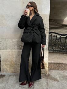 SHEIN BAE Women's Solid Color Criss-Cross Wrap Warm Padded Coat, Winter Fashion Winter Coats For Women Women Outerwear,Fall/Winter Style Casual Jacket Perfect For Keeping Warm While Out And About During Fall And Winter,Women's Halloween Costume