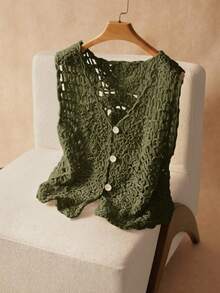 Elaquor Plus Size Women's Fashion Bohemian Button Knit Vest/Winter Knitted Cover Up Green Knit Top Summer Tops Women - Army Green - View 1