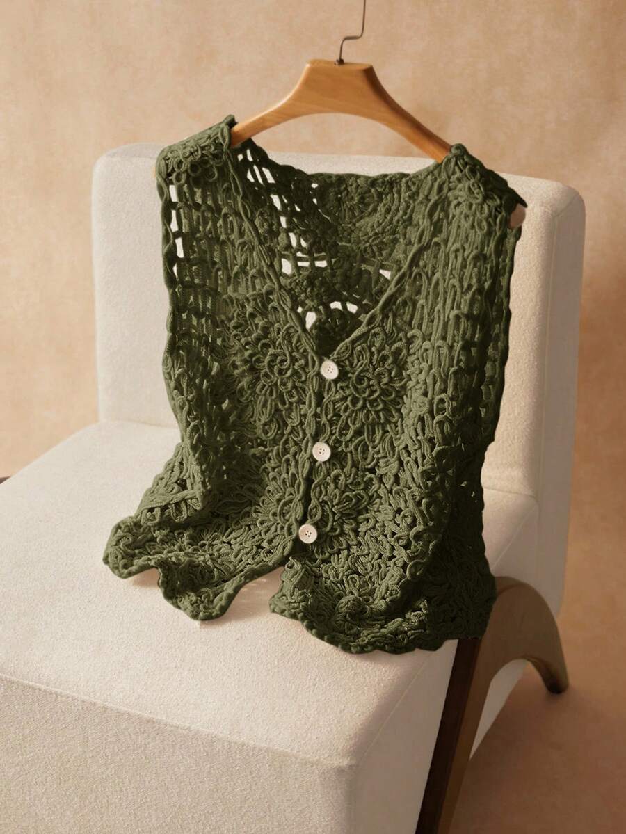 Elaquor Plus Size Women's Fashion Bohemian Button Knit Vest/Winter Knitted Cover Up Green Knit Top Summer Tops Women - Army Green - View 1