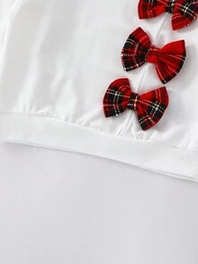 SHEIN Playful Pals 两件套女婴夏季时尚简约可爱棕色长袖圆领连帽衫，饰有黑色蝴蝶结，搭配黑色喇叭裤，适合日常穿着和拍照 - 紅色 - 查看 3