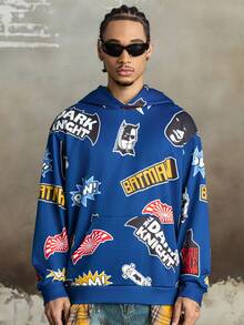 BATMAN X SHEIN Men's Casual Letter Graphic Pocket Hoodie, Autumn, Long Sleeve Top - Navy Blue - View 3