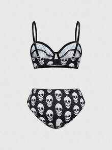ROMWE Women's Gothic Skull Print Underwire Bra And Panty Set - Black - View 2