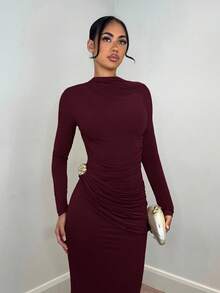 SHEIN BAE 优雅女士长袖连衣裙，饰有金属装饰，适合日常穿着、约会、外出、夜店、派对和聚会，也可作为婚礼宾客礼服。 - 紫紅色 - 查看 3