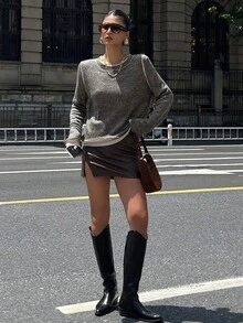 DAZY Autumn/Winter New Loose Oversized 2 In 1 Sweater, Round Neck Pullover Mohair Casual Style School - Grey - View 3