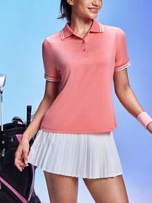 Easithlete 夏季休闲撞色条纹短袖运动Polo衫 - 西瓜粉 - 查看 1