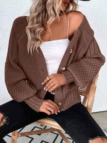 EMERY ROSE Raglan Sleeve Textured Knit Cardigan Button Up Cardigangreen Cardiganchunky Cardigan - Coffee Brown - View 5