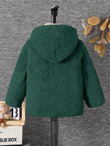 SHEIN 男童休闲时尚小熊刺绣连帽羊毛夹克 - 墨綠色 - 查看 2