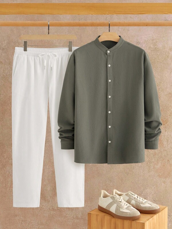 HIMLAND Camisa de manga larga de un solo pecho de unicolor para hombres, combinada con pantalones casuales, ropa de otoño