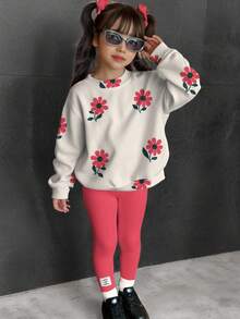 SHEIN Bộ 2 món/Bộ đồ liền thân dài tay cổ tròn in họa tiết hoa dễ thương cho bé gái, phù hợp cho mùa thu/đông - Nhiều màu - Xem 2