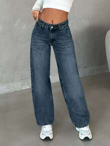 EURMUSE Jean droit taille basse avec lavage neige - Bleu gris - Voir 5