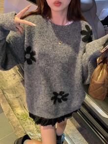 DAZY 少女休闲碎花圆领落肩毛衣，秋冬季