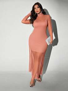 Viva Relle Plus Size Knitted Mesh Sexy Spaghetti Strap High Neck Sheer 2 Pieces Set