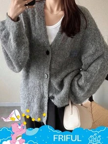 FRIFUL SHEIN X Care Bears 女式 V 领宽松纽扣前开衫，秋冬 - 灰色 - 查看 4