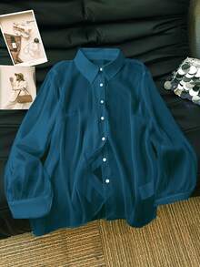 SHEIN Clasi 休闲白色透明衬衫，带蝴蝶结装饰 - 霧霾藍 - 查看 2