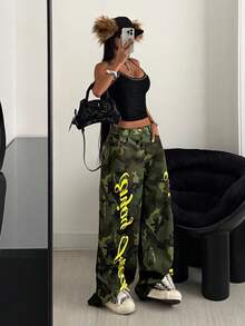 StreetHx 女式休闲街头字母迷彩阔腿牛仔裤 - 彩色 - 查看 4