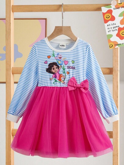 DORA | SHEIN Young Girl Contrast Stripe Round Neck Raglan Sleeve Bow Decor Mesh Knit Dress