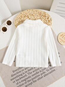 SHEIN Baby Boy/Girl Basic High Neck High Elasticity Ribbed Brushed Thermal Fitted Long Sleeve Top, Suitable For Winter Layering - White - View 3