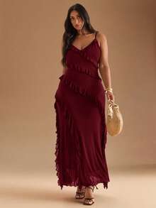 SHEIN BAE Đầm maxi cổ yếm in hoa họa tiết da báo thời trang mùa hè thanh lịch dành cho nữ cỡ lớn, thích hợp cho các buổi hòa nhạc, đi làm tốt nghiệp - Màu Đỏ Sâu - Xem 3