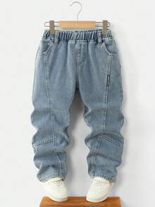 男童休闲日常水洗斜口袋松紧腰牛仔裤 - 中等水洗藍 - 查看 1